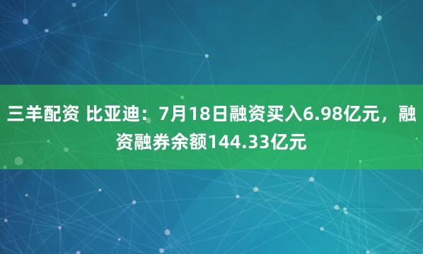 三羊配资 比亚迪：7月18日融资买入6.98亿元，融资融券余额144.33亿元